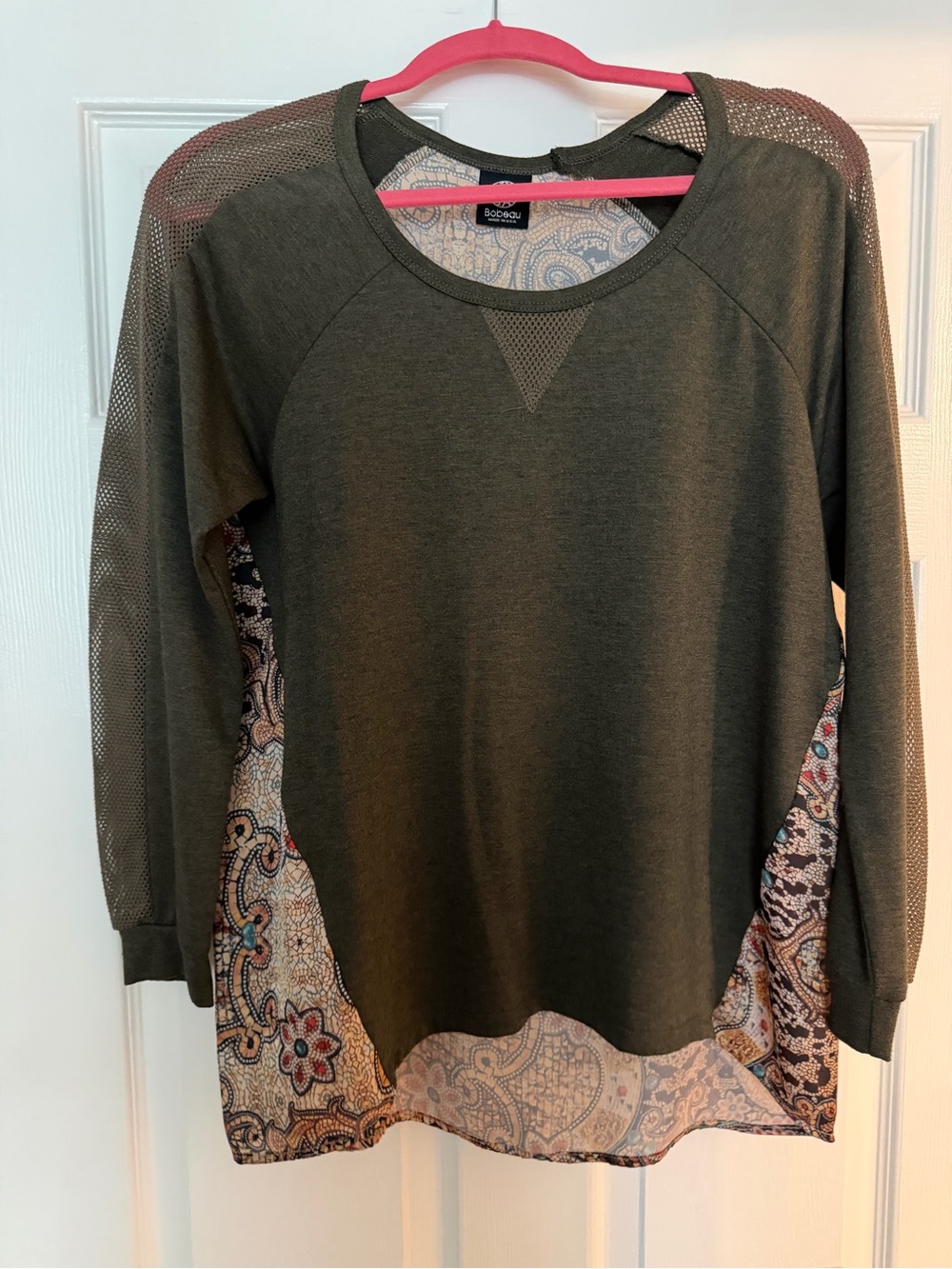 bobeau Olive Green Mixed-Media Long Sleeve Top with Paisley Panels